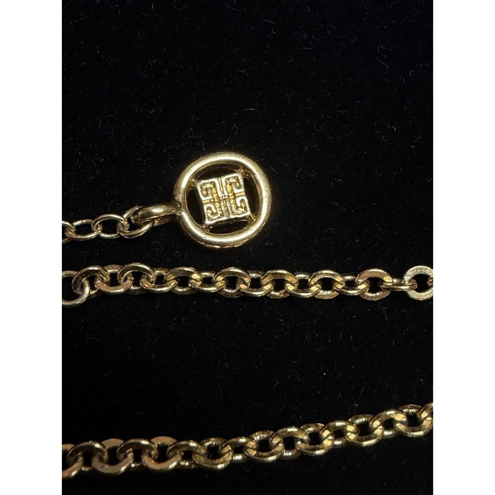 Givenchy Gold Tone Faux Pearl Flower Station Necklace 40 Inch Long Logo Charms - Picture 13 of 13